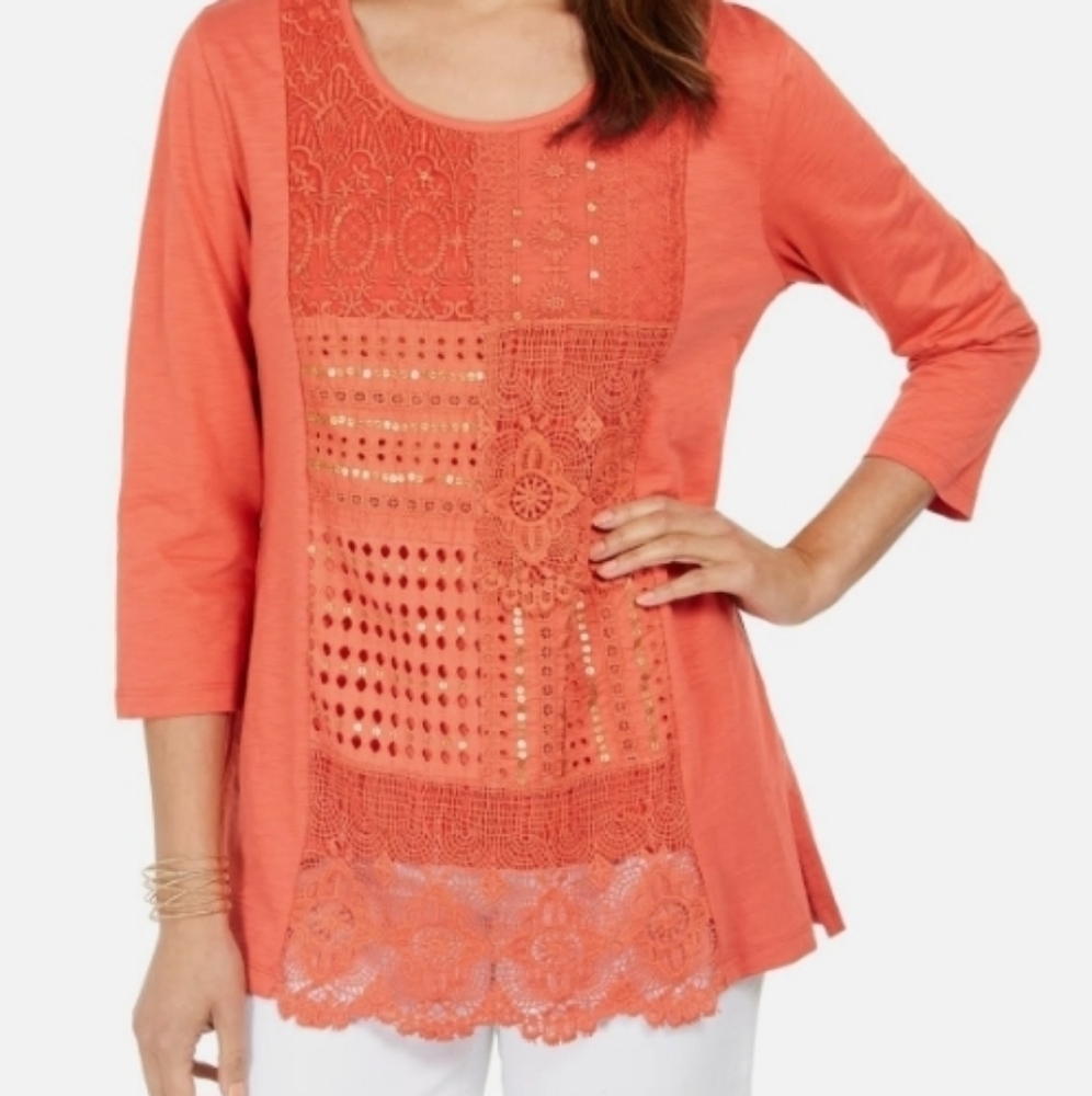 JM collection women's orange quarter sleeve medium top‎